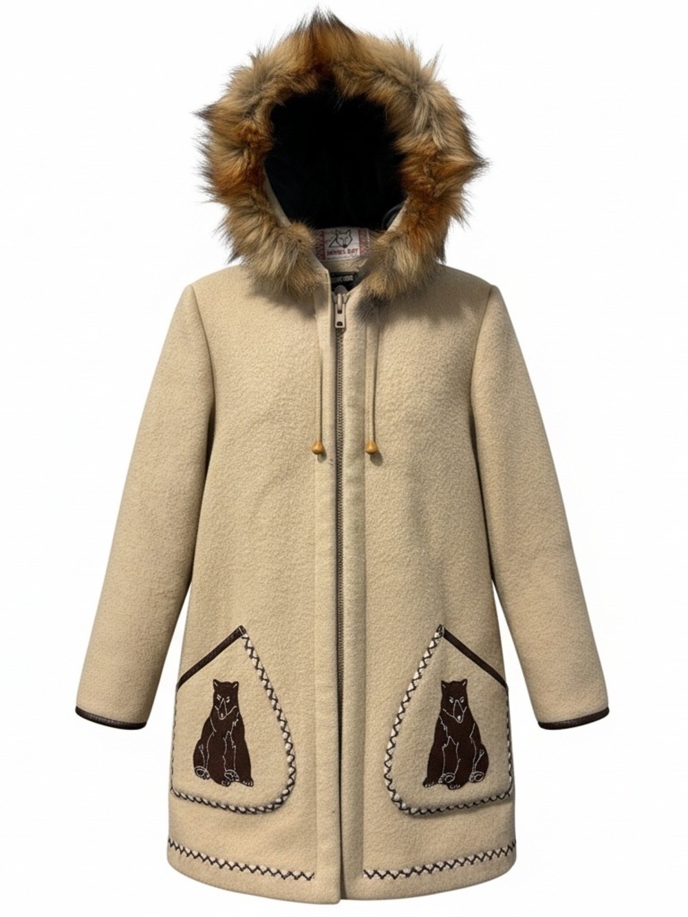 Vintage Women's Tan Patka with Fur Hood and Bear Embroidery